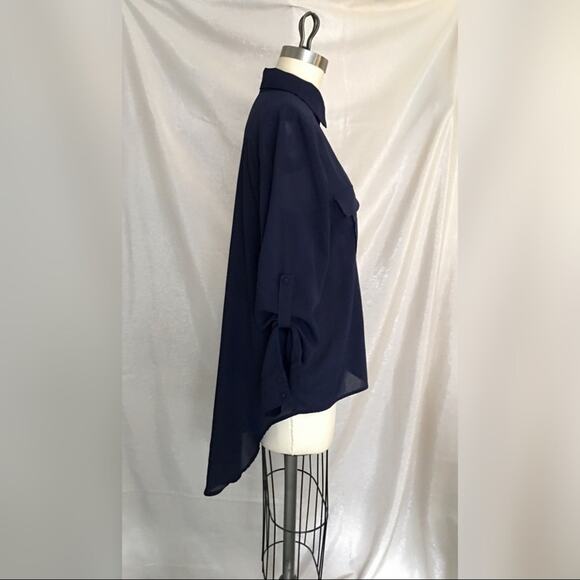 Double Zero Navy Blue Black High Low Semi Sheer Button Shirt M - Picture 6 of 10
